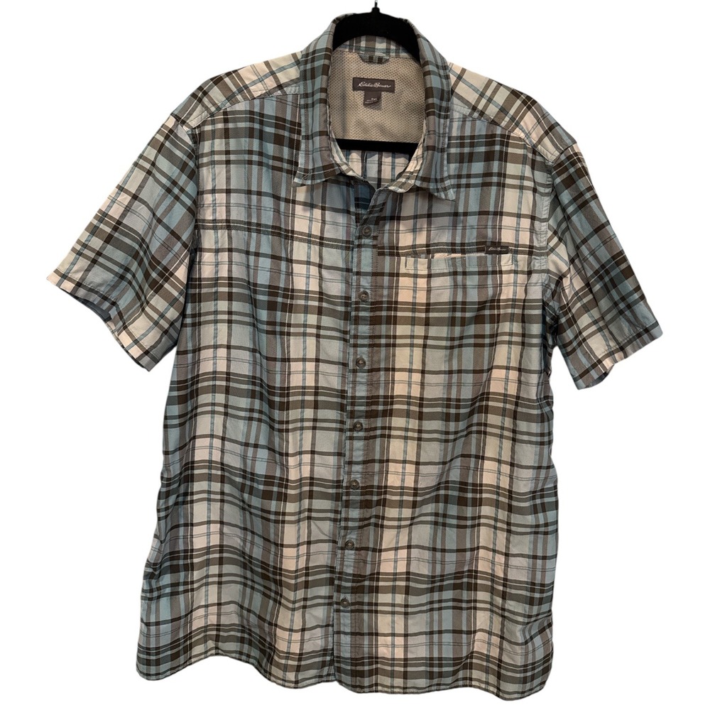 Eddie Bauer Mens XL Tall‎ Short Sleeve Plaid Hiking Performance Shirt Outdoors